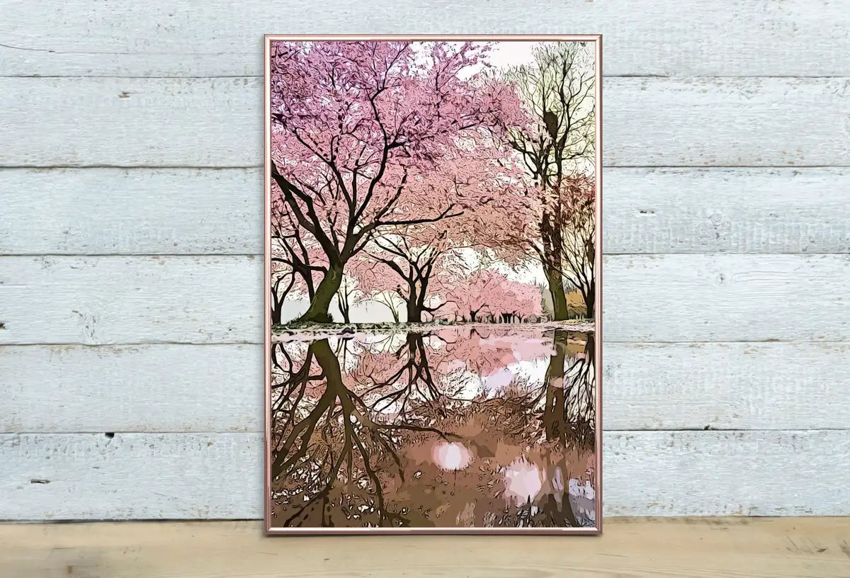 Pink Blossom Trees Reflection Printable Wall Art. Cherry Blossom Tree Floral Wall Art Print. Pink Wall Art Floral Poster Botanical Art – Printable Wall Art Digital Download – Digital Download