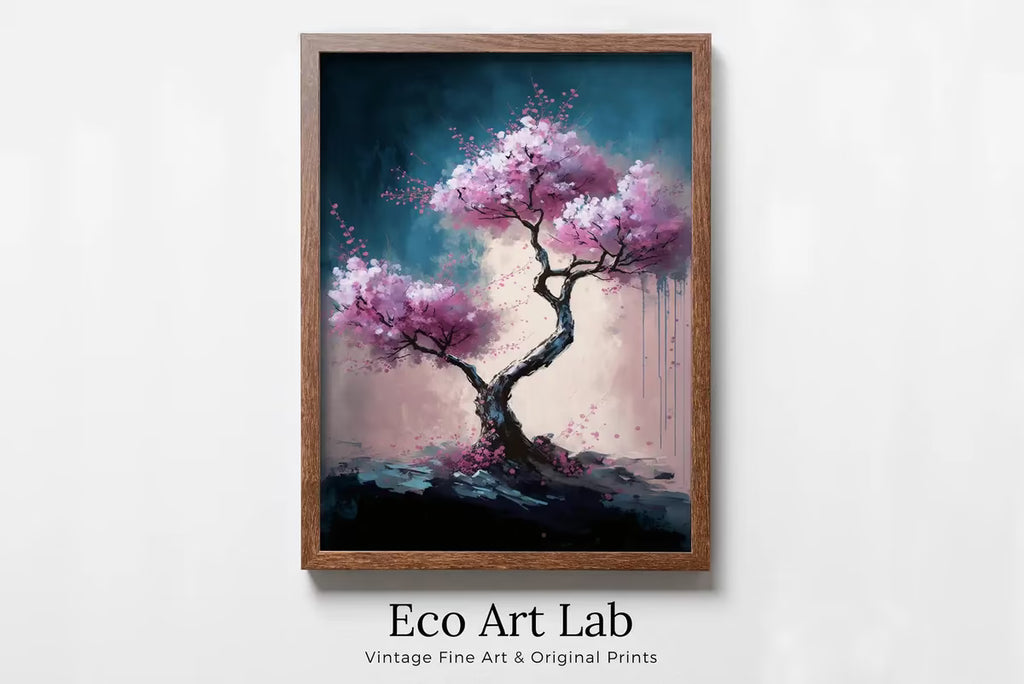 Pink Cherry Blossom Bonzai Tree Abstract Painting. Original Printable Wall Art. Blooming Floral Painting. Modern Living Room Home Wall Decor – Printable Wall Art