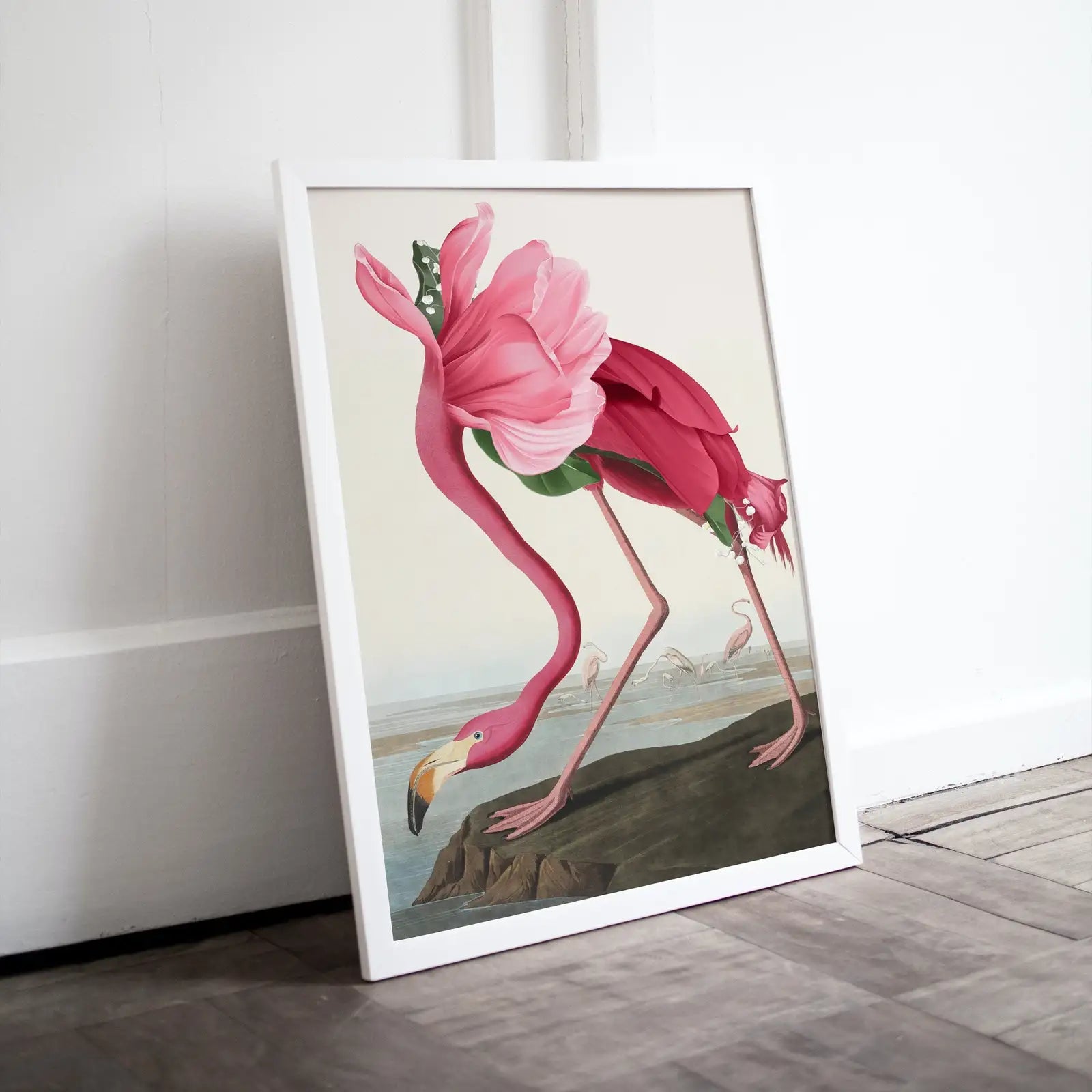 Pink Flamingo with a Flowers Body. Altered Vintage Tropical Bird Digital Painting. Wildlife Nature Colorful Decor. Bird Poster Printable Art – Printable Wall Art Digital Download – Digital Download