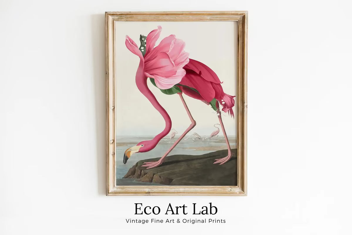 Pink Flamingo with a Flowers Body. Altered Vintage Tropical Bird Digital Painting. Wildlife Nature Colorful Decor. Bird Poster Printable Art – Printable Wall Art