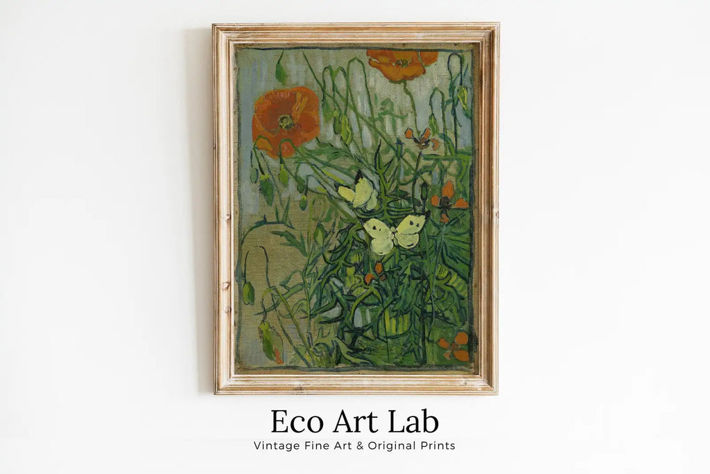 Framed view of Poppies & Butterflies Famous van Gogh Painting Art Print. Instant Download. Floral Printable van Gogh Fine Art. Vintage Botanical Art. – printable wall art digital download.