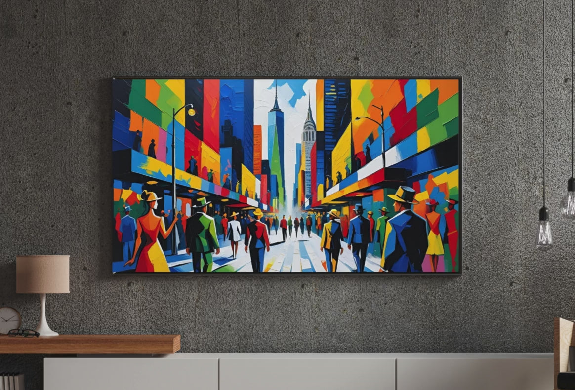 New York Wall Art Geometric Abstracts for Samsung Frame TV | Cubist Cityscape Maximalist Decor | Frame TV Art Set| Modern Original Paintings
