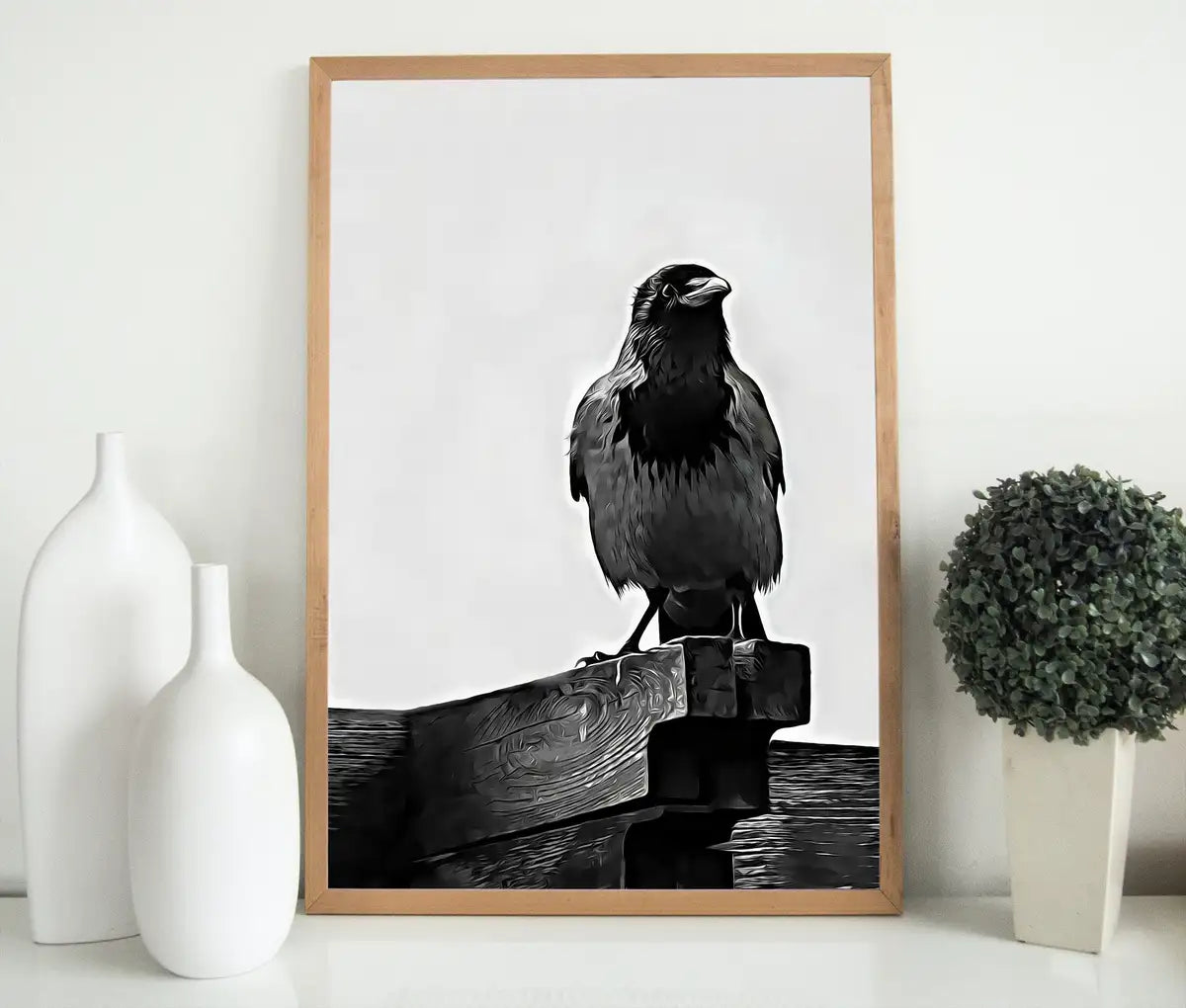 Detail view of artwork from Printable Crow Painting. Crow Wall Art Instant Download Raven Decor. Black Bird Print Animal Painting. Digital Raven Print Downloadable Art. (variation 2)
