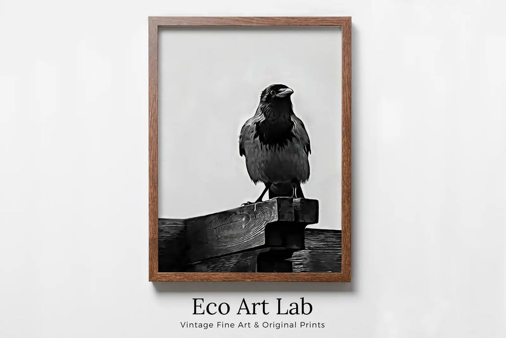 Framed view of Printable Crow Painting. Crow Wall Art Instant Download Raven Decor. Black Bird Print Animal Painting. Digital Raven Print Downloadable Art – printable wall art digital download.