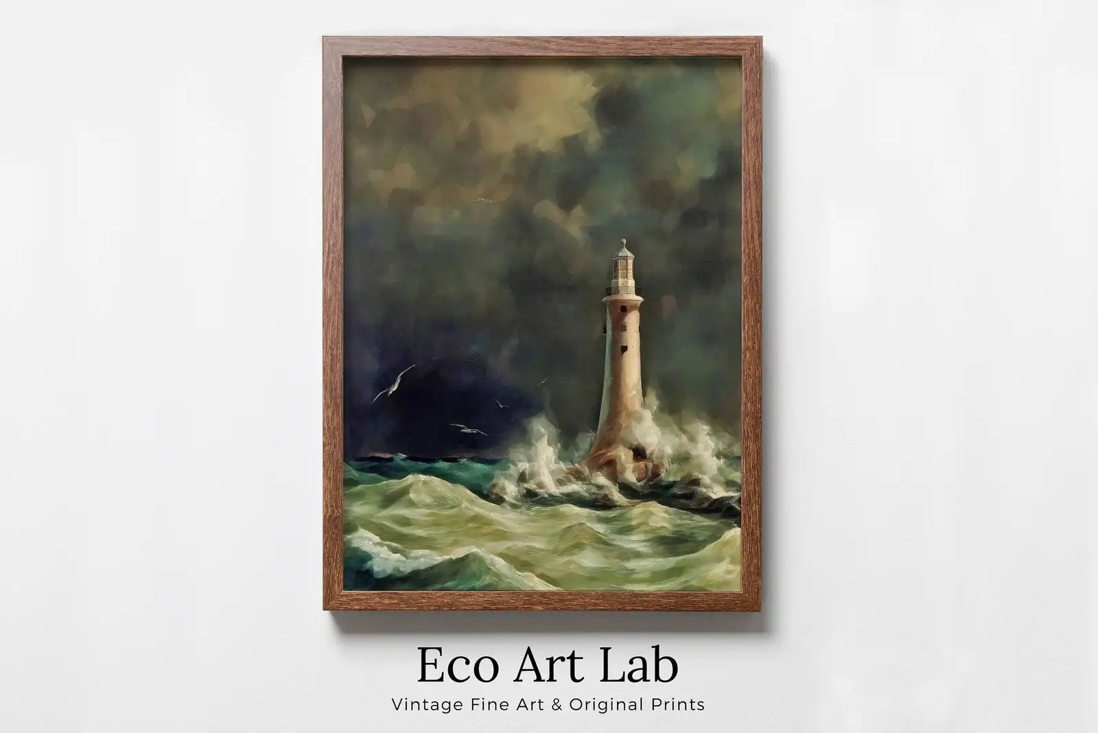 Framed view of Printable Wall Art Lighthouse Painting. Lighthouse in a Storm at Sea. Nautical Wall Art, Lighthouse Vertical Poster Print. Nautical Decor – printable wall art digital download.