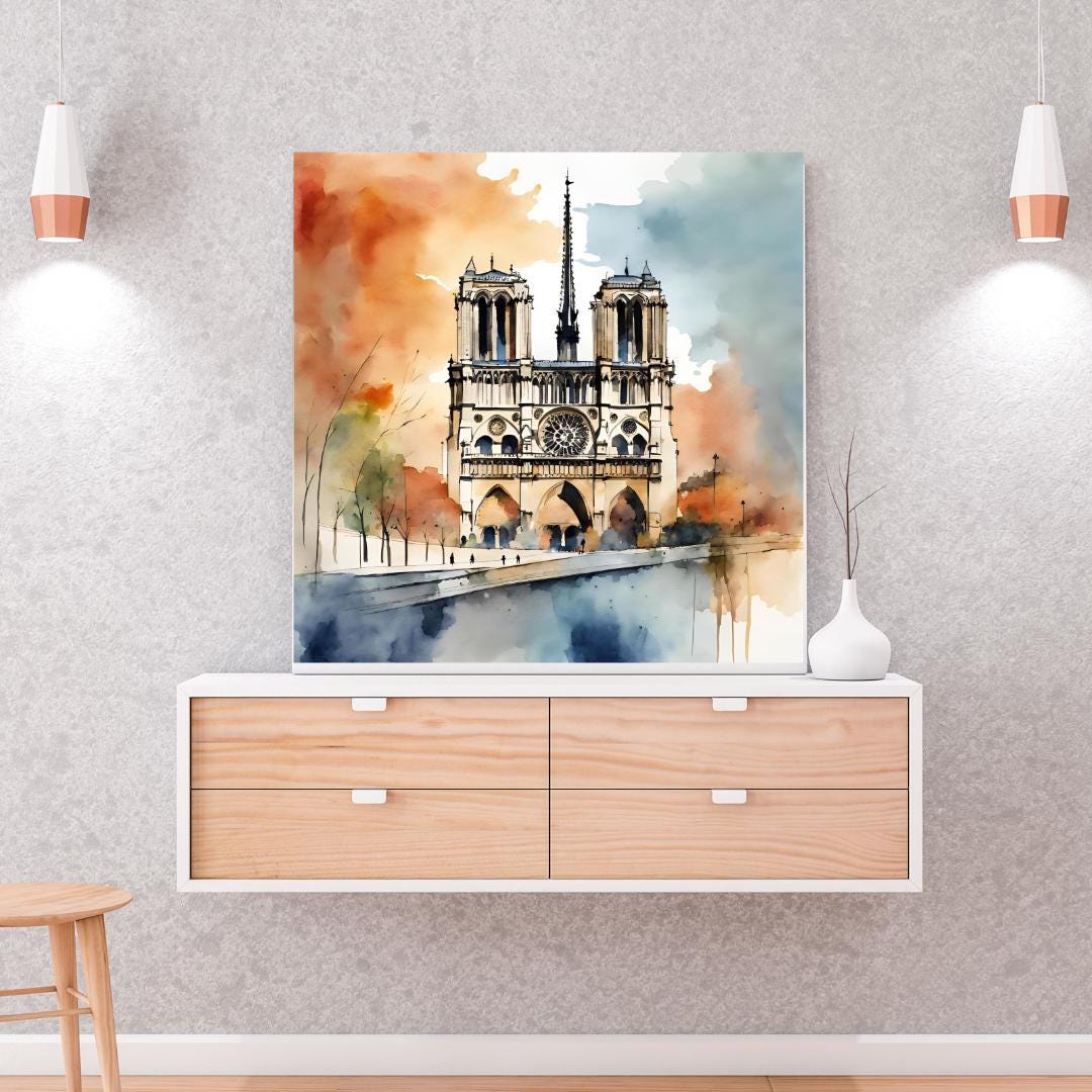 Printable Wall Art | Paris Notre Dame Watercolor Decor | Modern Minimalist Square Home Digital Download – Printable Wall Art Digital Download – Digital Download