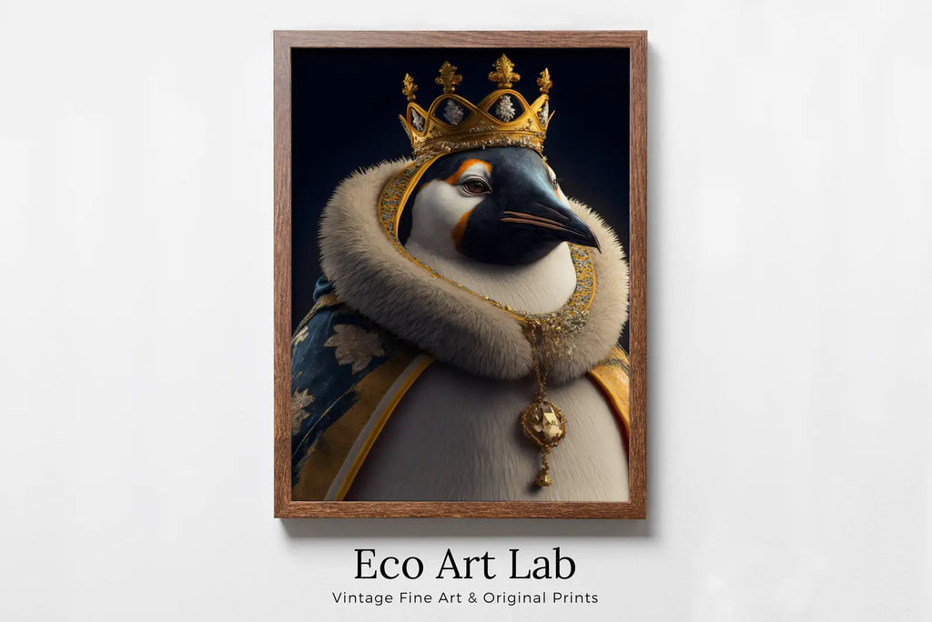 Framed view of Queen Penguin Digital Art Print. Printable Wall Art. Modern Penguin Artwork. Instant Download. Contemporary Poster. Penguin Portrait – printable wall art digital download.