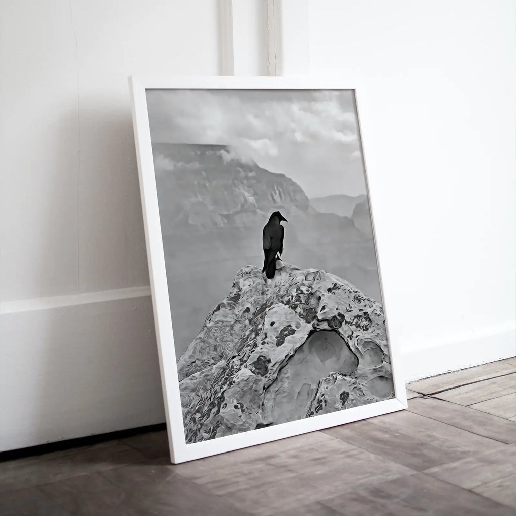 Included artwork preview showing first selection of artworks from Raven Painting on Rock in Grand Canyon Print. Instant Download Digital Crow Painting Raven Art. Black and White Printable Wall Art Poster.