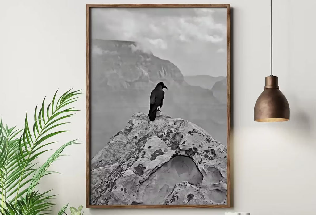 Raven Painting on Rock in Grand Canyon Print. Instant Download Digital Crow Painting Raven Art. Black and White Printable Wall Art Poster – Printable Wall Art