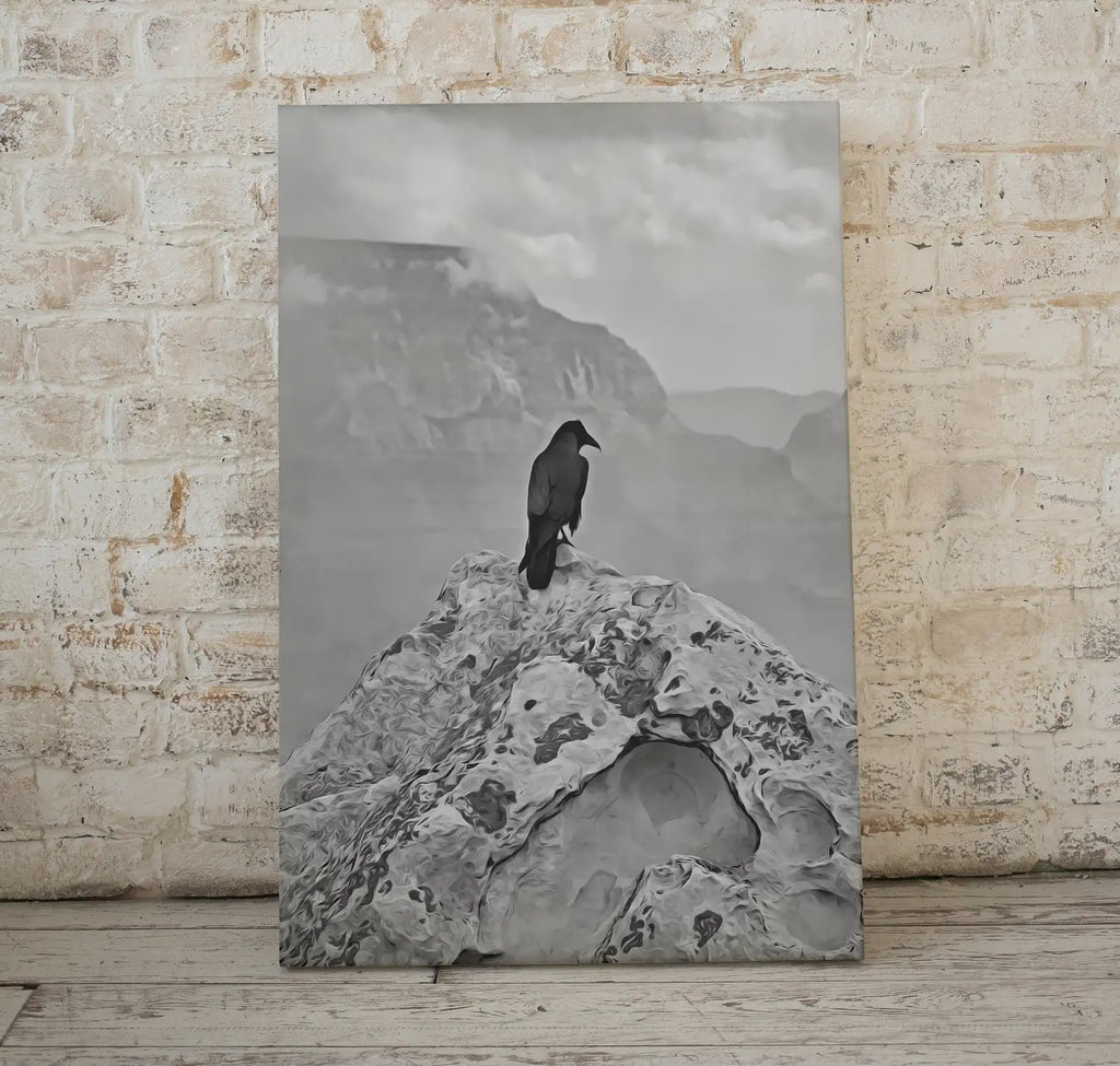 Detail view of artwork from Raven Painting on Rock in Grand Canyon Print. Instant Download Digital Crow Painting Raven Art. Black and White Printable Wall Art Poster. (variation 1)