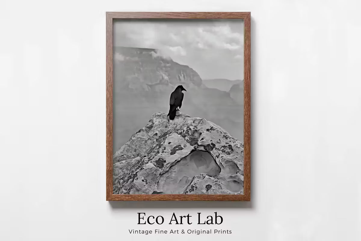 Raven Painting on Rock in Grand Canyon Print. Instant Download Digital Crow Painting Raven Art. Black and White Printable Wall Art Poster – Printable Wall Art