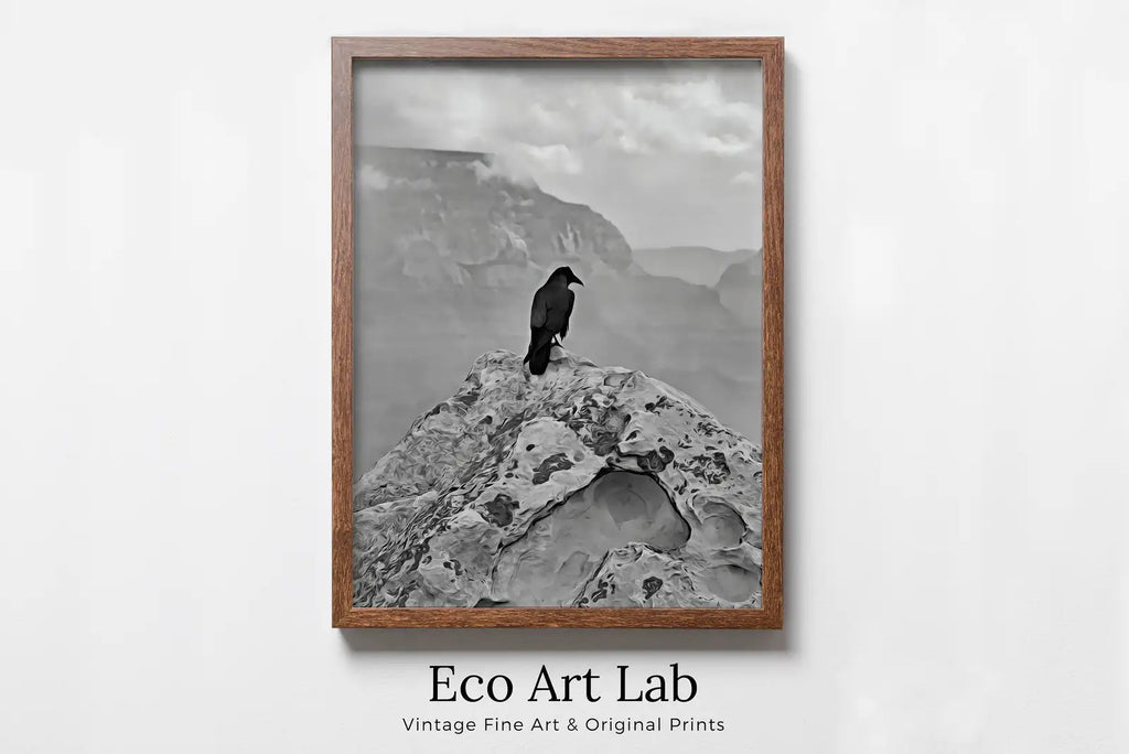 Framed view of Raven Painting on Rock in Grand Canyon Print. Instant Download Digital Crow Painting Raven Art. Black and White Printable Wall Art Poster – printable wall art digital download.