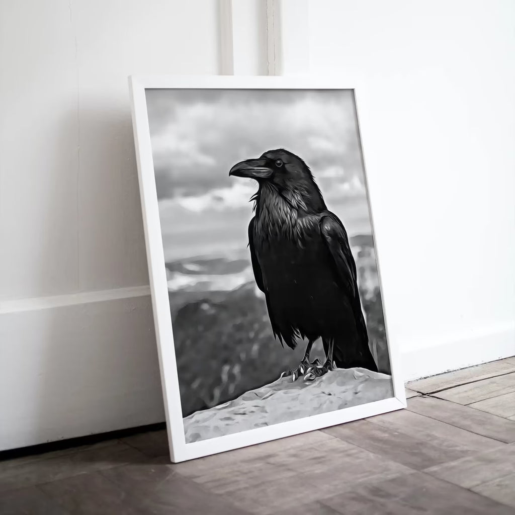 Raven Sitting on Rock Printable Digital Bird Painting. Instant Download Crow Painting Raven Art. Black and White Printable Wall Art Poster – Printable Wall Art