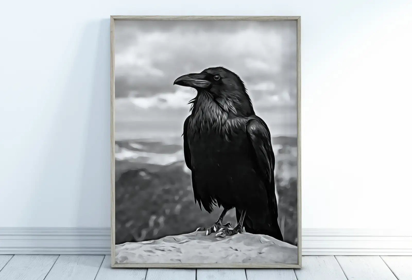 Raven Sitting on Rock Printable Digital Bird Painting. Instant Download Crow Painting Raven Art. Black and White Printable Wall Art Poster – Printable Wall Art Digital Download – Digital Download