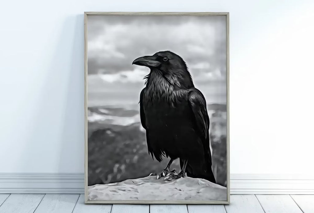 Raven Sitting on Rock Printable Digital Bird Painting. Instant Download Crow Painting Raven Art. Black and White Printable Wall Art Poster – Printable Wall Art