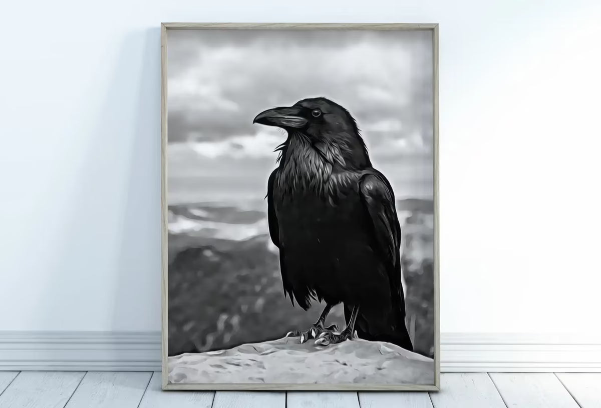 Raven Sitting on Rock Printable Digital Bird Painting. Instant Download Crow Painting Raven Art. Black and White Printable Wall Art Poster – Printable Wall Art