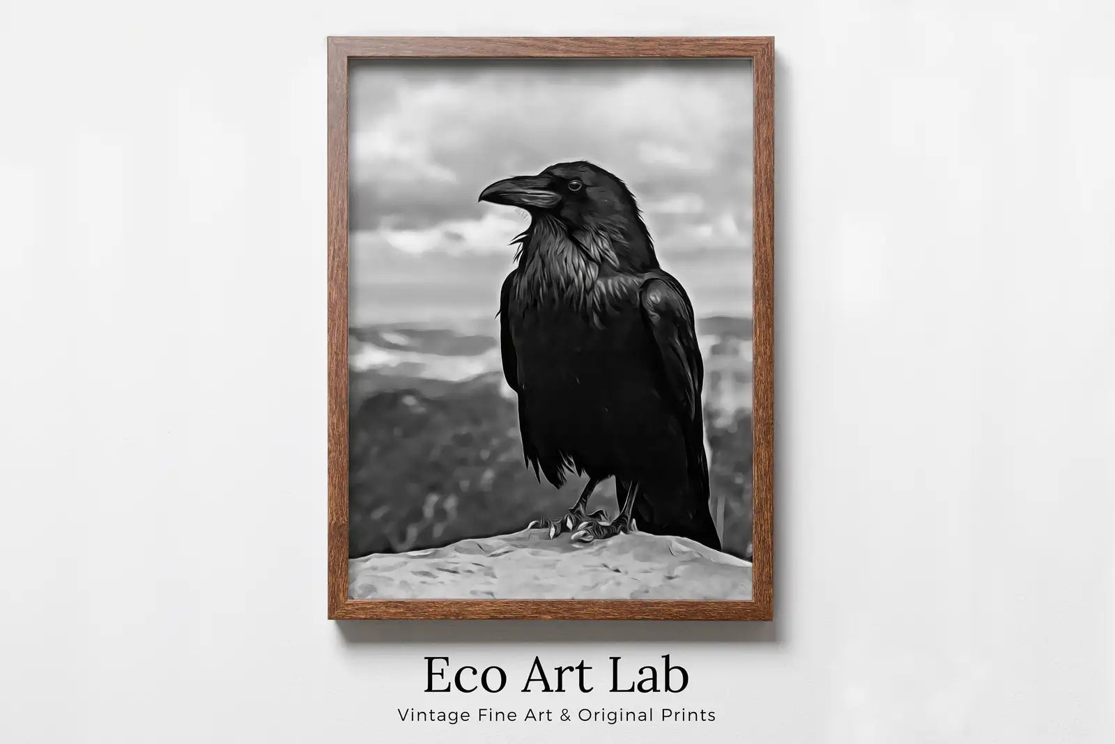 Raven Sitting on Rock Printable Digital Bird Painting. Instant Download Crow Painting Raven Art. Black and White Printable Wall Art Poster – Printable Wall Art Digital Download – Digital Download