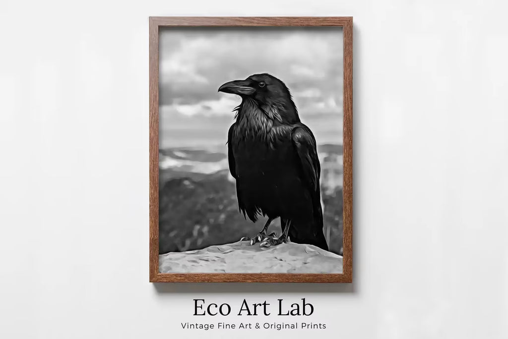 Raven Sitting on Rock Printable Digital Bird Painting. Instant Download Crow Painting Raven Art. Black and White Printable Wall Art Poster – Printable Wall Art