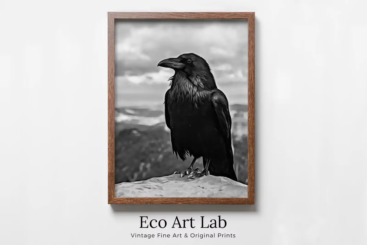 Raven Sitting on Rock Printable Digital Bird Painting. Instant Download Crow Painting Raven Art. Black and White Printable Wall Art Poster – Printable Wall Art