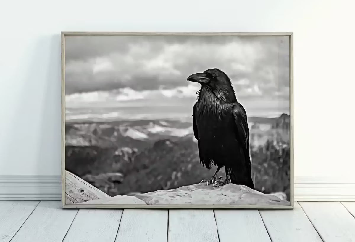 Raven Sitting on Rock Printable Digital Painting. Instant Download Crow Painting Raven Art. Black and White Printable Wall Art Poster – Printable Wall Art