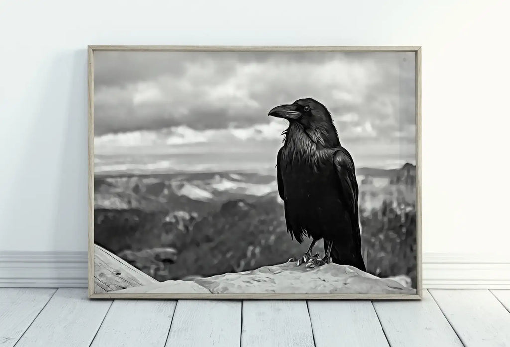 Included artwork preview showing first selection of artworks from Raven Sitting on Rock Printable Digital Painting. Instant Download Crow Painting Raven Art. Black and White Printable Wall Art Poster.