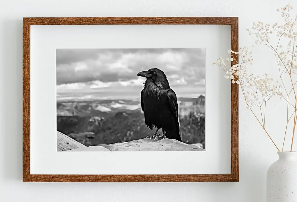 Raven Sitting on Rock Printable Digital Painting. Instant Download Crow Painting Raven Art. Black and White Printable Wall Art Poster – Printable Wall Art