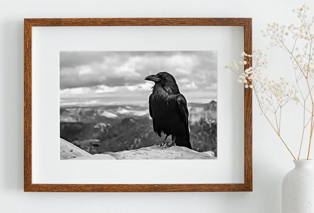 Raven Sitting on Rock Printable Digital Painting. Instant Download Crow Painting Raven Art. Black and White Printable Wall Art Poster – Printable Wall Art