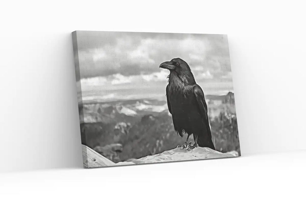 Detail view of artwork from Raven Sitting on Rock Printable Digital Painting. Instant Download Crow Painting Raven Art. Black and White Printable Wall Art Poster. (variation 2)