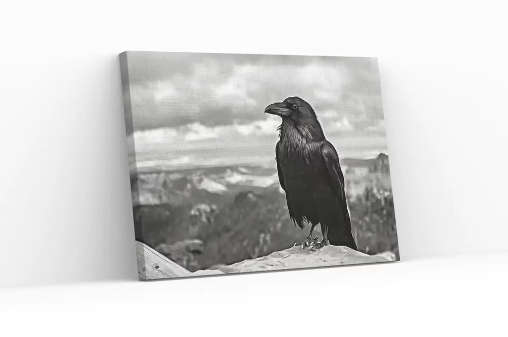 Raven Sitting on Rock Printable Digital Painting. Instant Download Crow Painting Raven Art. Black and White Printable Wall Art Poster – Printable Wall Art