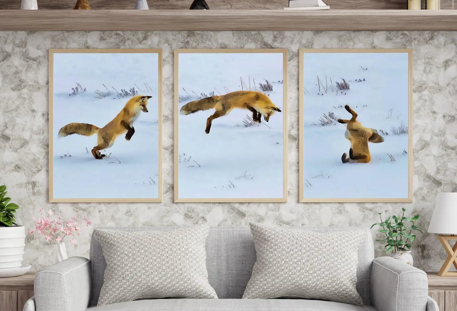 Included artwork preview showing first selection of artworks from Red Fox Hunting in Snow Set of 3 Prints, Fox Wall Art, Jumping Fox Painting, Set of Three Prints, Gallery Wall Set, Downloadable Prints.