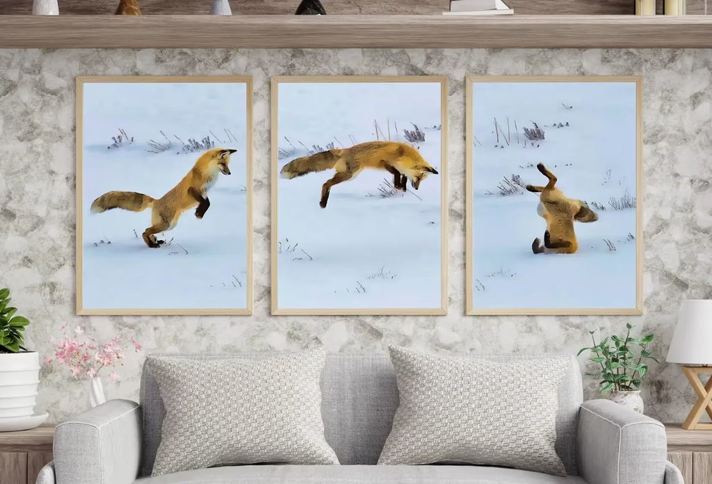 Red Fox Hunting in Snow Set of 3 Prints, Fox Wall Art, Jumping Fox Painting, Set of Three Prints, Gallery Wall Set, Downloadable Prints – Printable Wall Art Set
