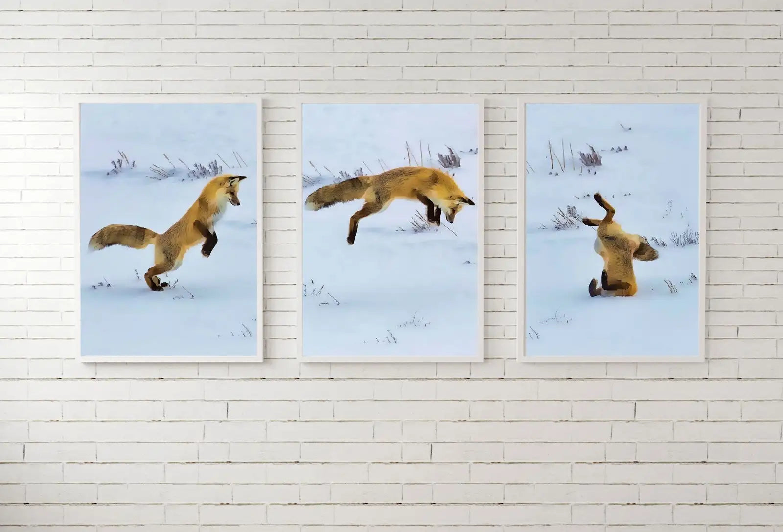 Detail view of artwork from Red Fox Hunting in Snow Set of 3 Prints, Fox Wall Art, Jumping Fox Painting, Set of Three Prints, Gallery Wall Set, Downloadable Prints. (variation 1)