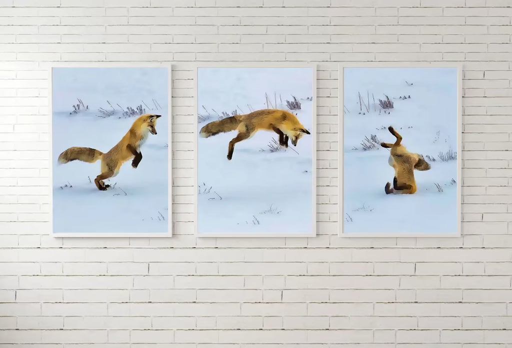 Red Fox Hunting in Snow Set of 3 Prints, Fox Wall Art, Jumping Fox Painting, Set of Three Prints, Gallery Wall Set, Downloadable Prints – Printable Wall Art Set