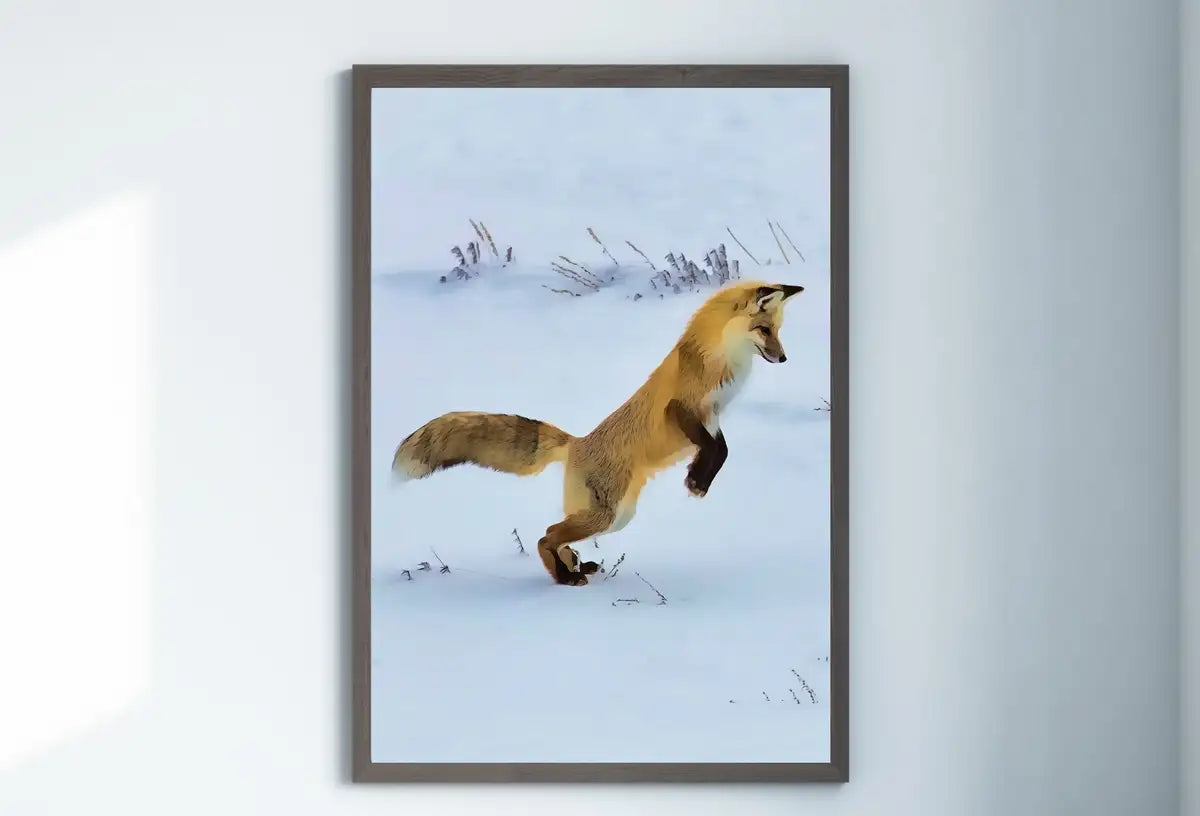 Detail view of artwork from Red Fox Hunting in Snow Set of 3 Prints, Fox Wall Art, Jumping Fox Painting, Set of Three Prints, Gallery Wall Set, Downloadable Prints. (variation 2)
