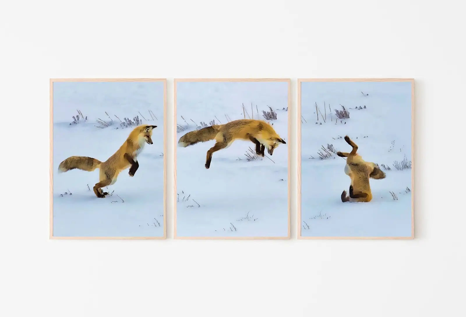 Framed view of Red Fox Hunting in Snow Set of 3 Prints, Fox Wall Art, Jumping Fox Painting, Set of Three Prints, Gallery Wall Set, Downloadable Prints – printable wall art digital download.