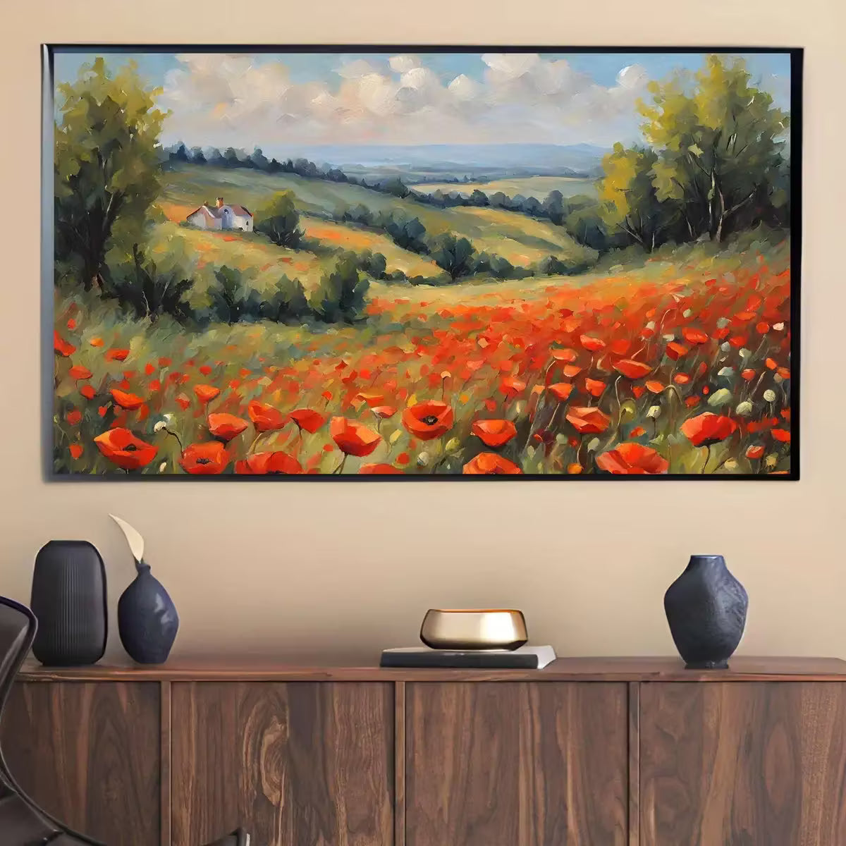Red Poppies Art For Frame TV. Colorful Wall Floral Artwork For Home. Landscape Oil Painting Decor For Modern Interior – Frame TV  Art