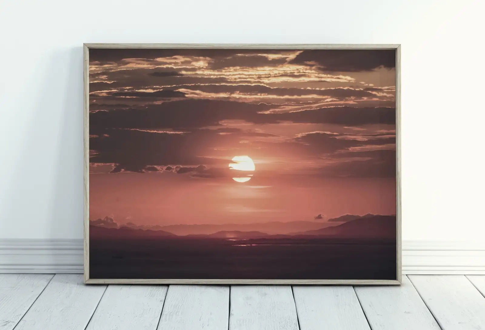 Framed view of Red Sunset Wall Art Print. Instant Download Boho Abstract Sunset Poster. Digital Sunset Painting Abstract Wall Art. Coastal Landscape Art – printable wall art digital download. (variation 2)