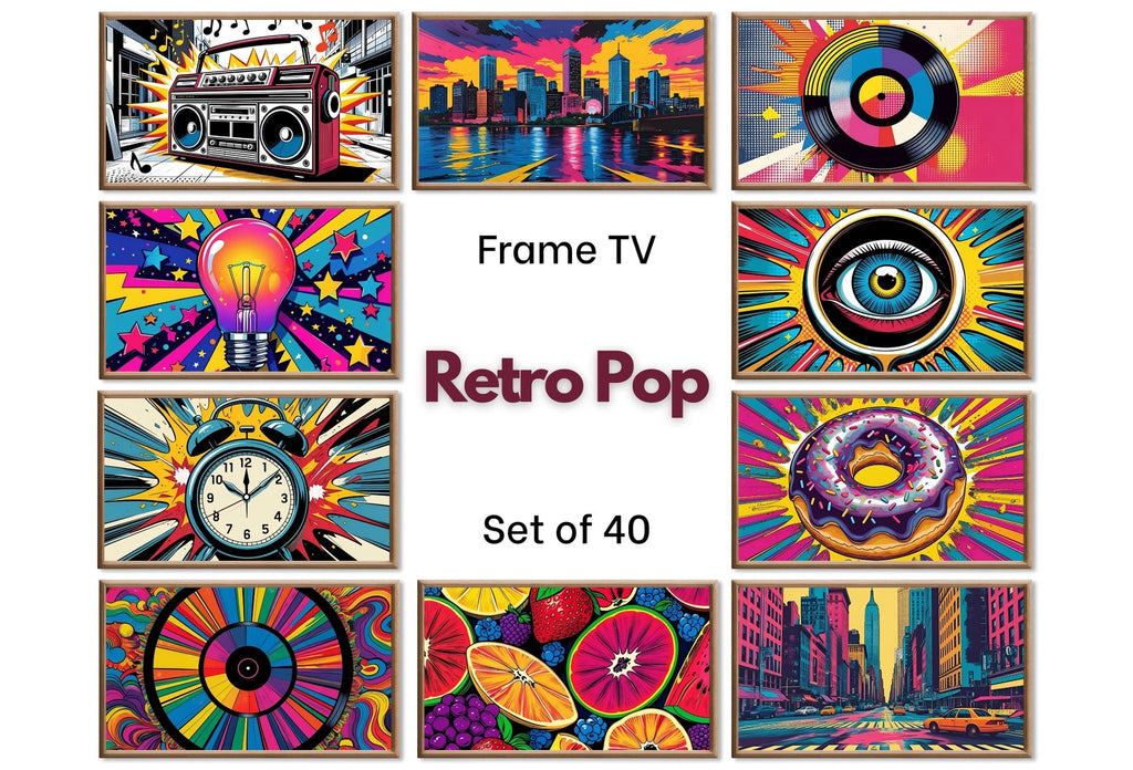 Retro Pop Art for Samsung Frame Tv or Hisense Canvas Tv - Maximalist Wall Art. Funky Decor Whimsical Art Frame tv Set of 40 displayed on Samsung Frame TV on a living room wall.