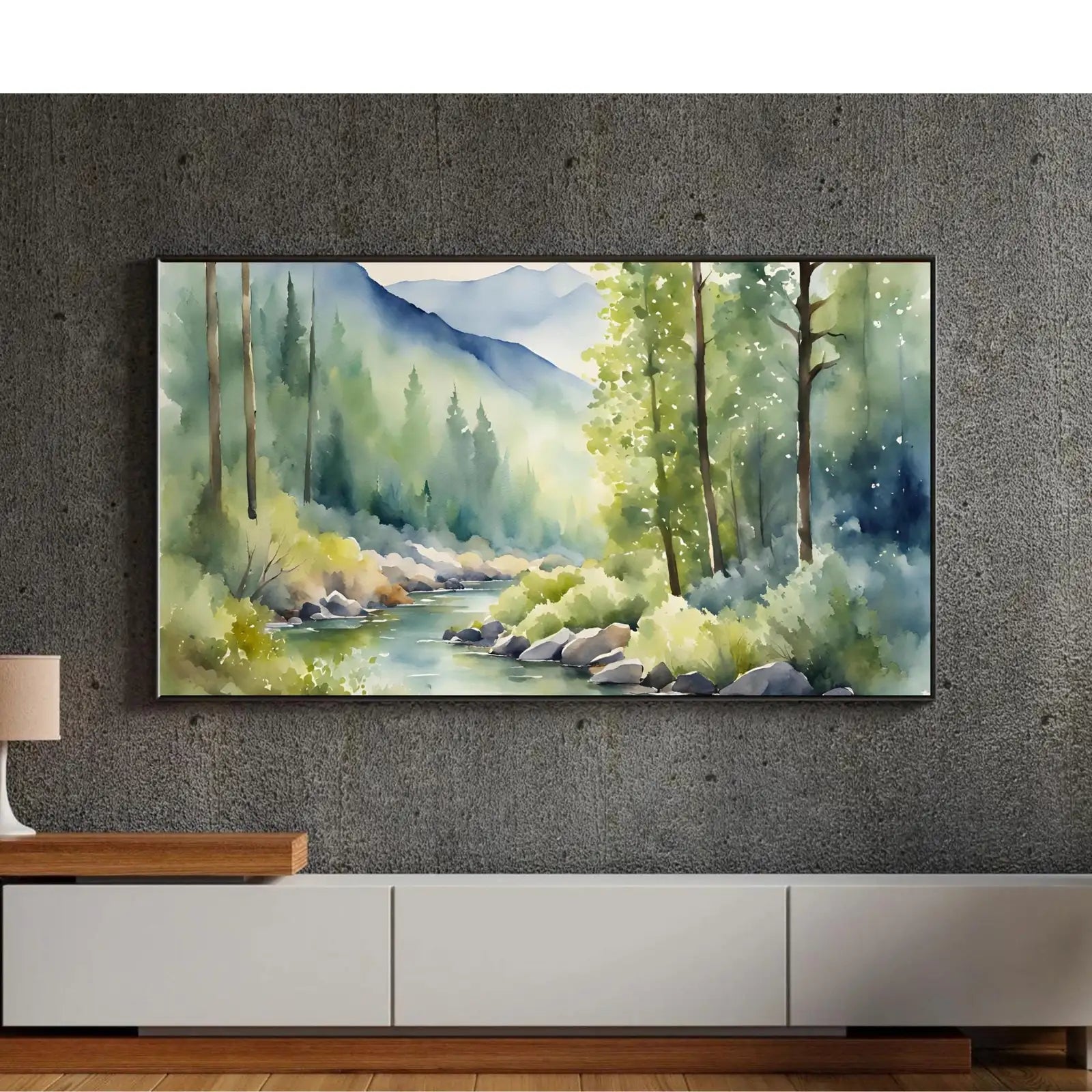River Forest Art I Minimalist Mountain Watercolor Decor I Frame TV Wall Art for Samsung Frame TV – Frame TV Digital Download Art – Digital Download
