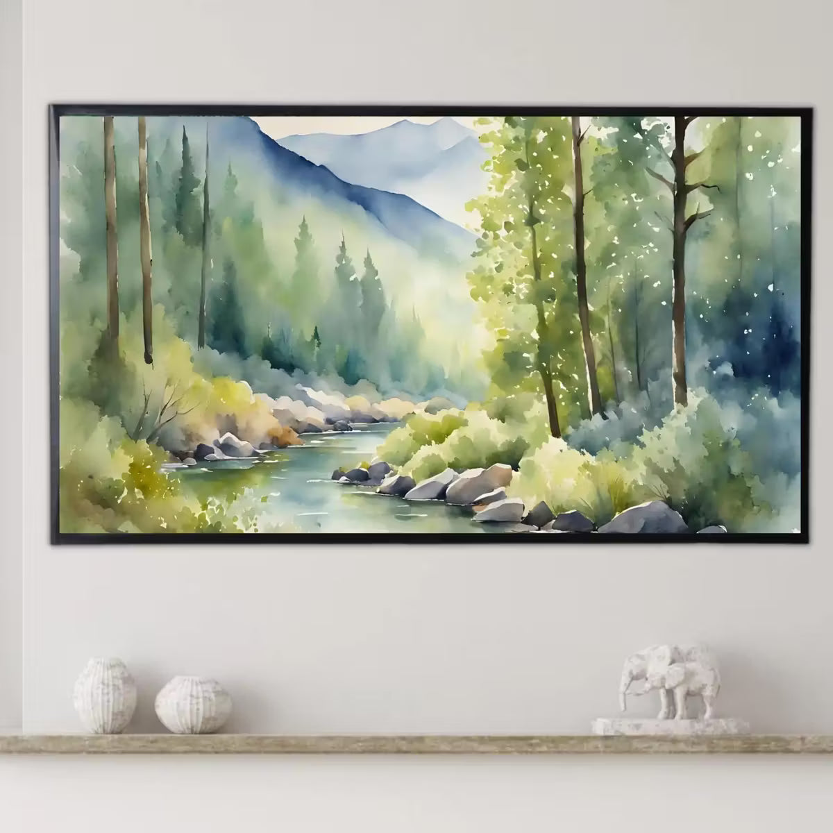 River Forest Art I Minimalist Mountain Watercolor Decor I Frame TV Wall Art for Samsung Frame TV – Frame TV  Art