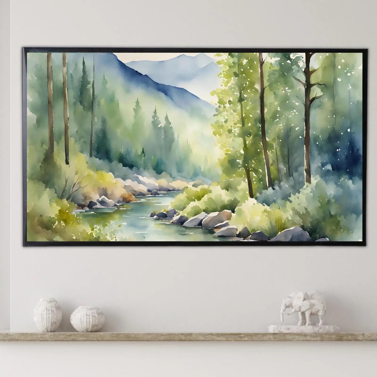 River Forest Art I Minimalist Mountain Watercolor Decor I Frame TV Wall Art for Samsung Frame TV – Frame TV Digital Download Art – Digital Download