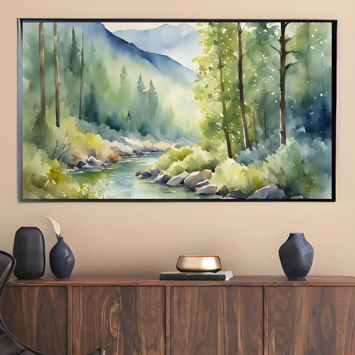 River Forest Art I Minimalist Mountain Watercolor Decor I Frame TV Wall Art for Samsung Frame TV – Frame TV Digital Download Art – Digital Download