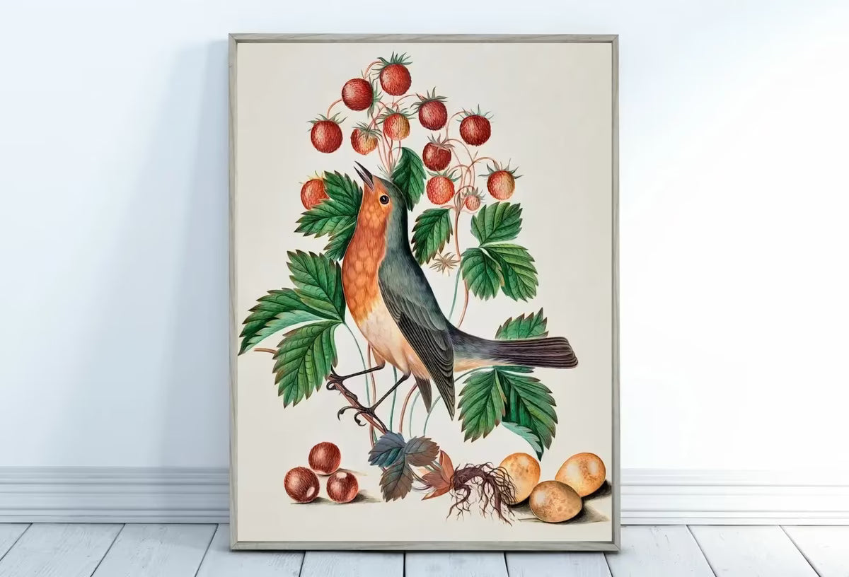 Robin and Wild Strawberry, Wall Art Poster, Vintage Botanical Print, Bird Art, Nature Decor Flower Market Print Digital Printable Wall Art – Printable Wall Art
