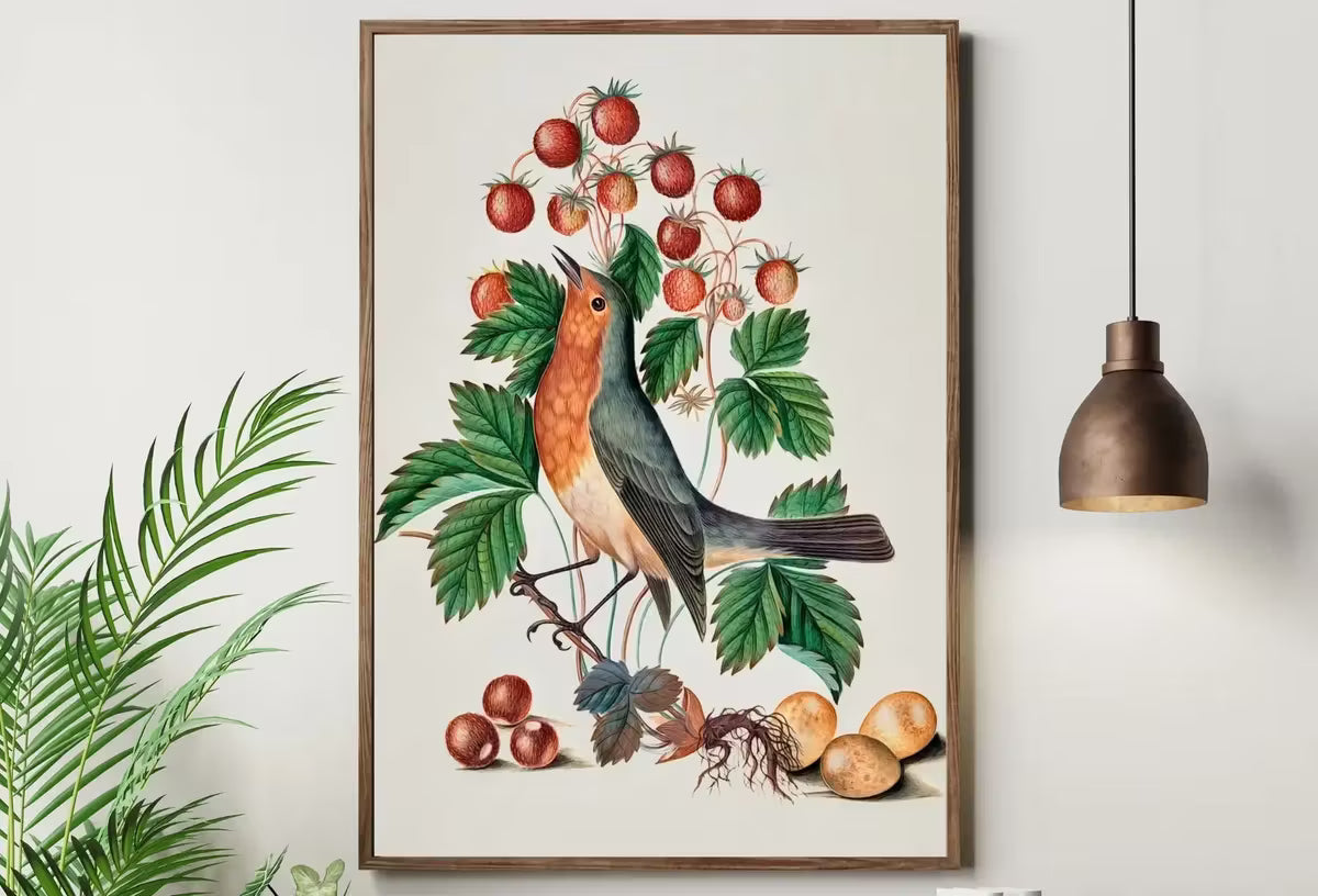 Robin and Wild Strawberry, Wall Art Poster, Vintage Botanical Print, Bird Art, Nature Decor Flower Market Print Digital Printable Wall Art – Printable Wall Art