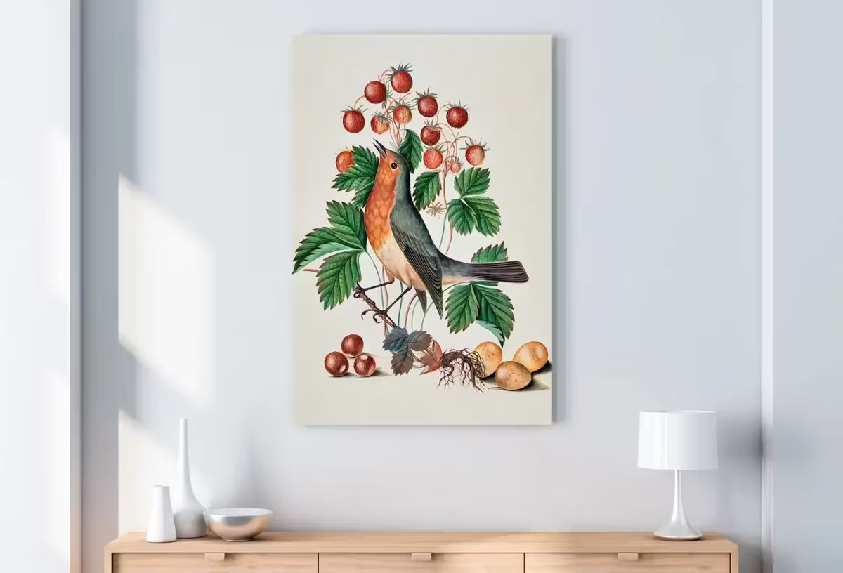 Robin and Wild Strawberry, Wall Art Poster, Vintage Botanical Print, Bird Art, Nature Decor Flower Market Print Digital Printable Wall Art – Printable Wall Art