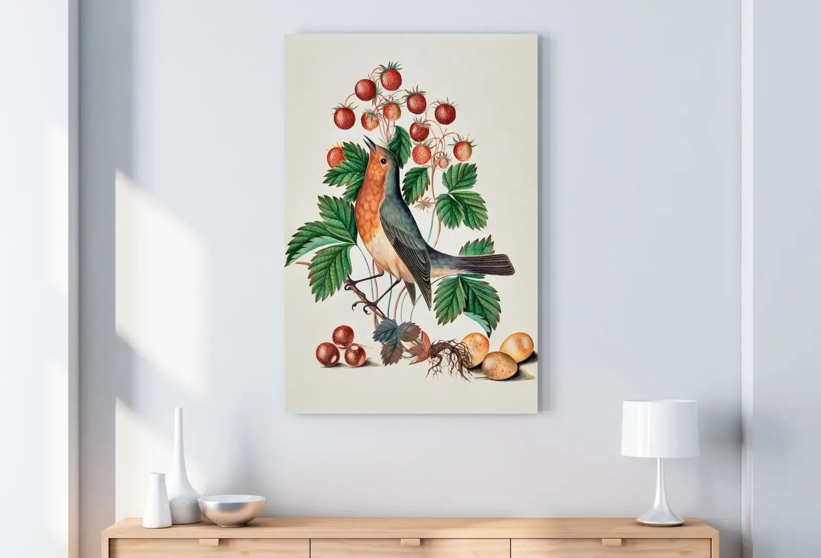 Detail view of artwork from Robin and Wild Strawberry, Wall Art Poster, Vintage Botanical Print, Bird Art, Nature Decor Flower Market Print Digital Printable Wall Art. (variation 1)