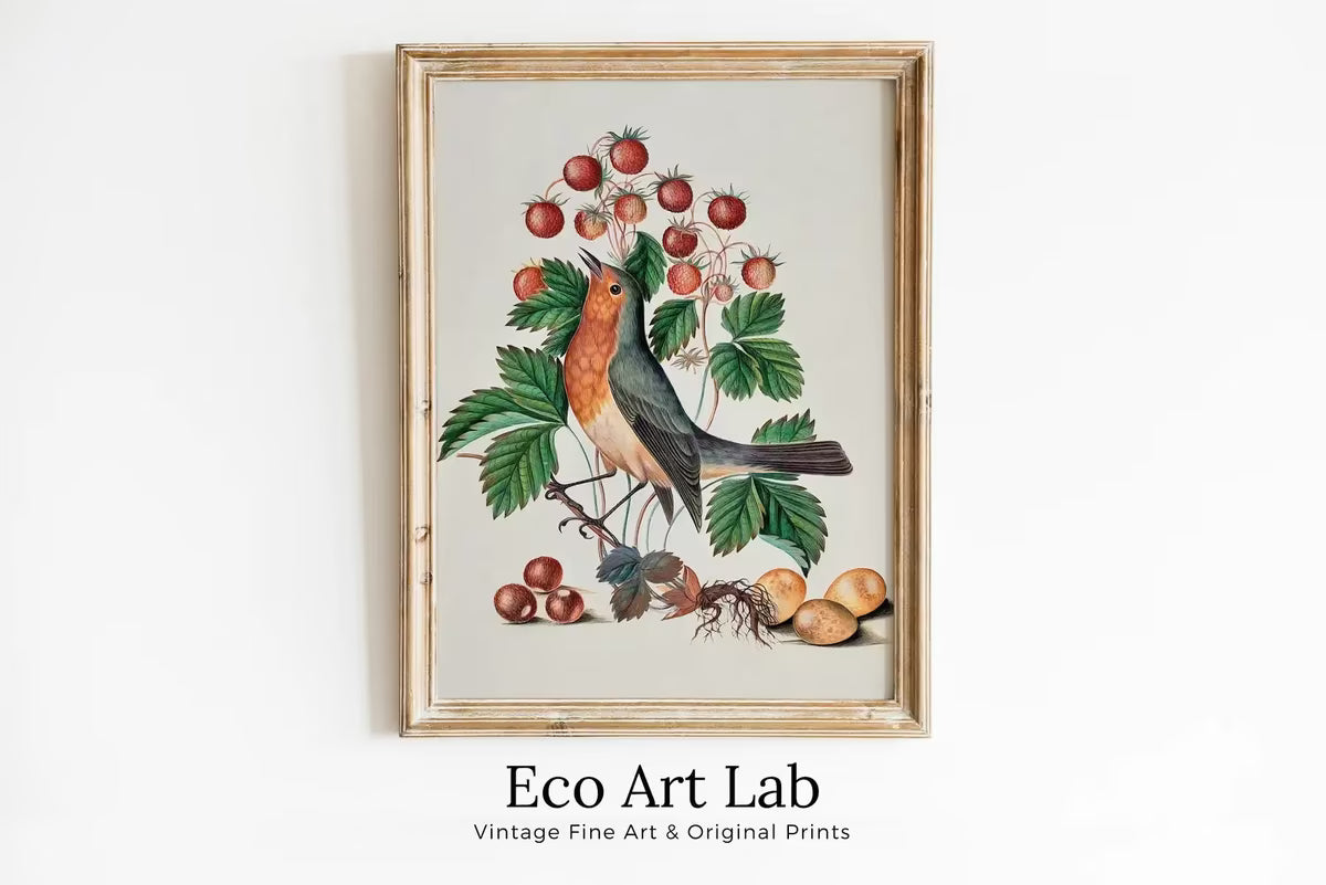 Robin and Wild Strawberry, Wall Art Poster, Vintage Botanical Print, Bird Art, Nature Decor Flower Market Print Digital Printable Wall Art – Printable Wall Art