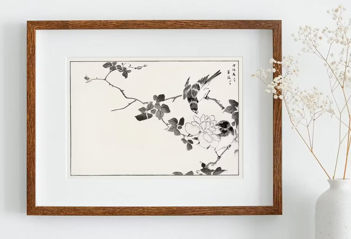 Robin Birds and Rose Vintage Japanese Painting. Japanese Wall Art Printable Poster. 19th Century Japanese Vintage Wall Art, Bird Asian Art – Printable Wall Art