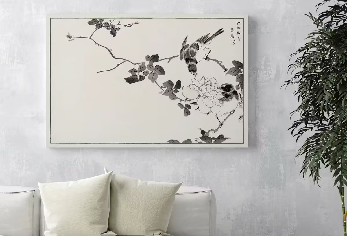 Robin Birds and Rose Vintage Japanese Painting. Japanese Wall Art Printable Poster. 19th Century Japanese Vintage Wall Art, Bird Asian Art – Printable Wall Art