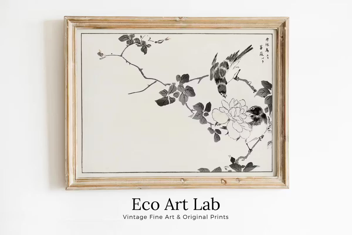 Robin Birds and Rose Vintage Japanese Painting. Japanese Wall Art Printable Poster. 19th Century Japanese Vintage Wall Art, Bird Asian Art – Printable Wall Art
